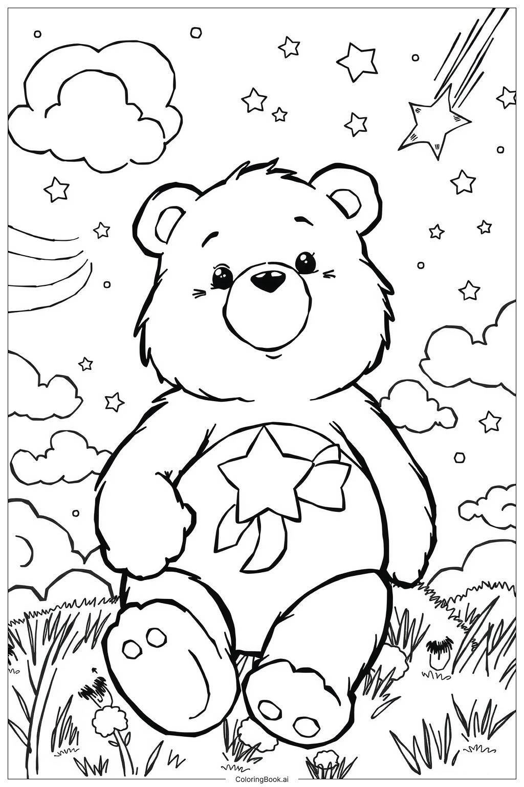  Página para colorear de Oso Cariñoso Stoner Observando Estrellas de Noche-2 