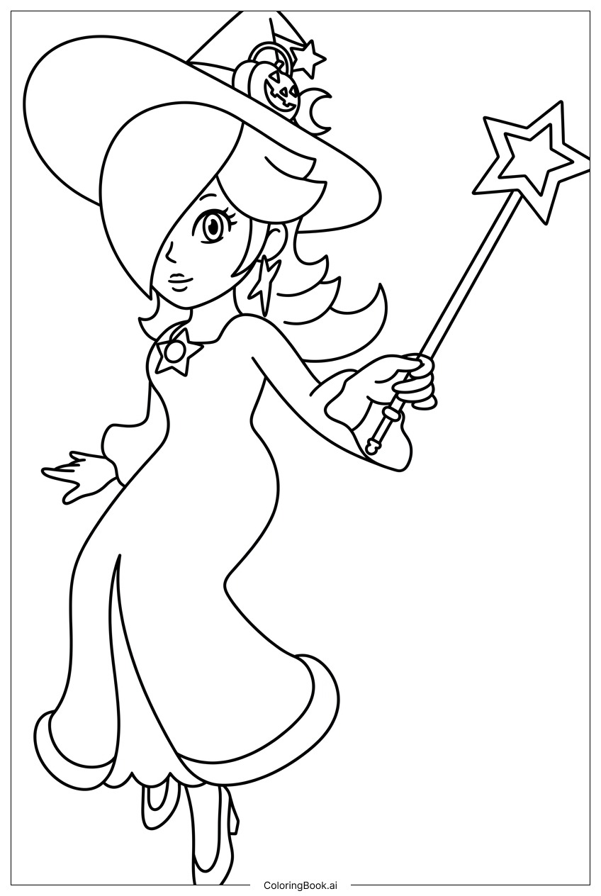  萝丝琳娜戴着女巫帽施法填色页 