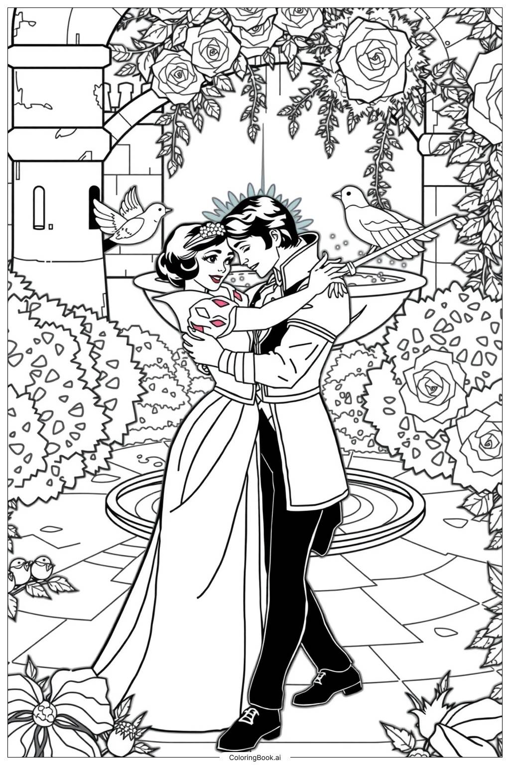  Snow White and the Prince in the Garden Coloring Page 