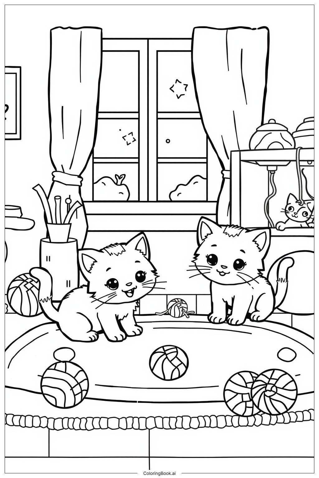  Page de coloriage Des chatons explorant un foyer douillet 