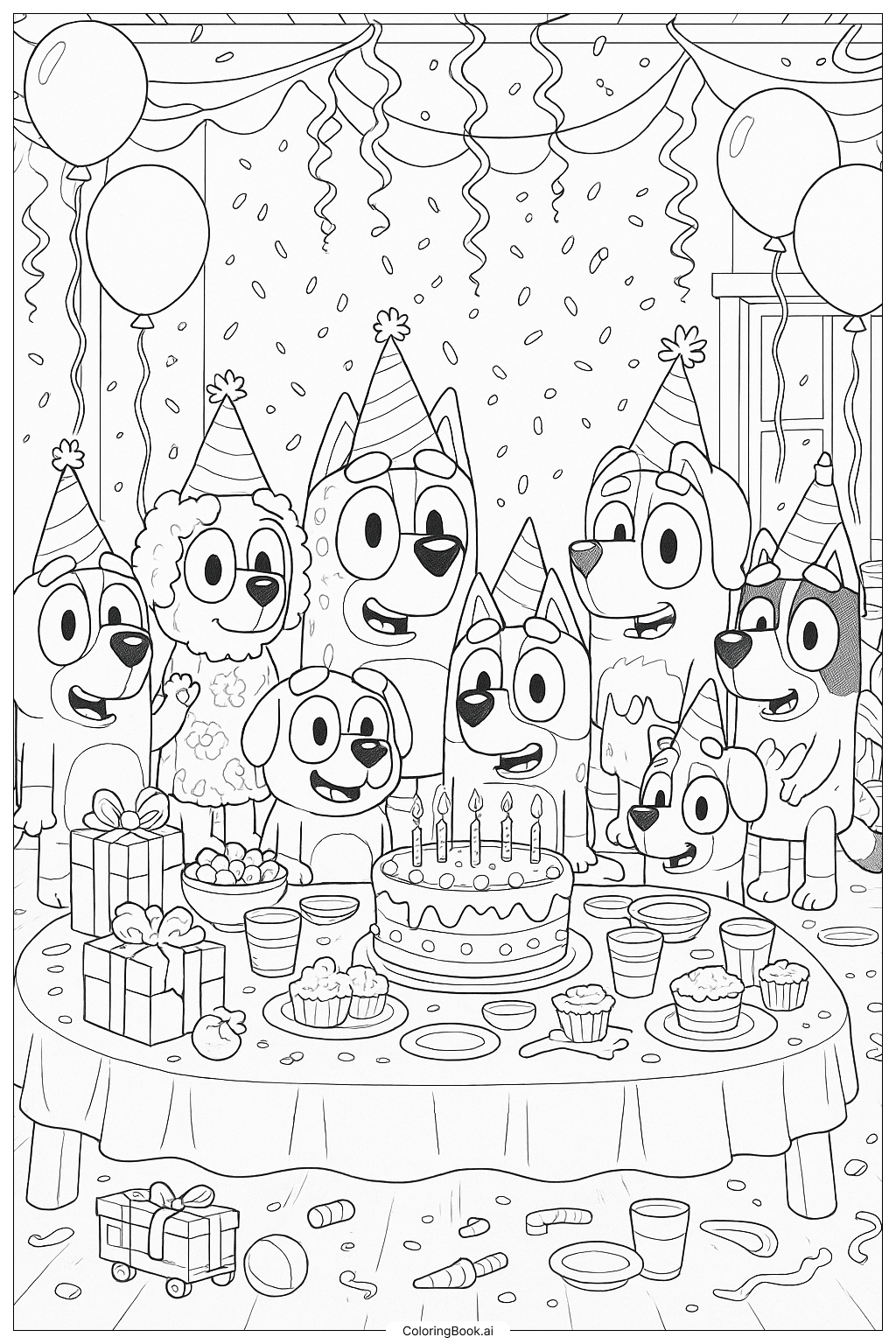  Página para colorear de La fiesta de cumpleaños de Bluey con todos sus amigos 