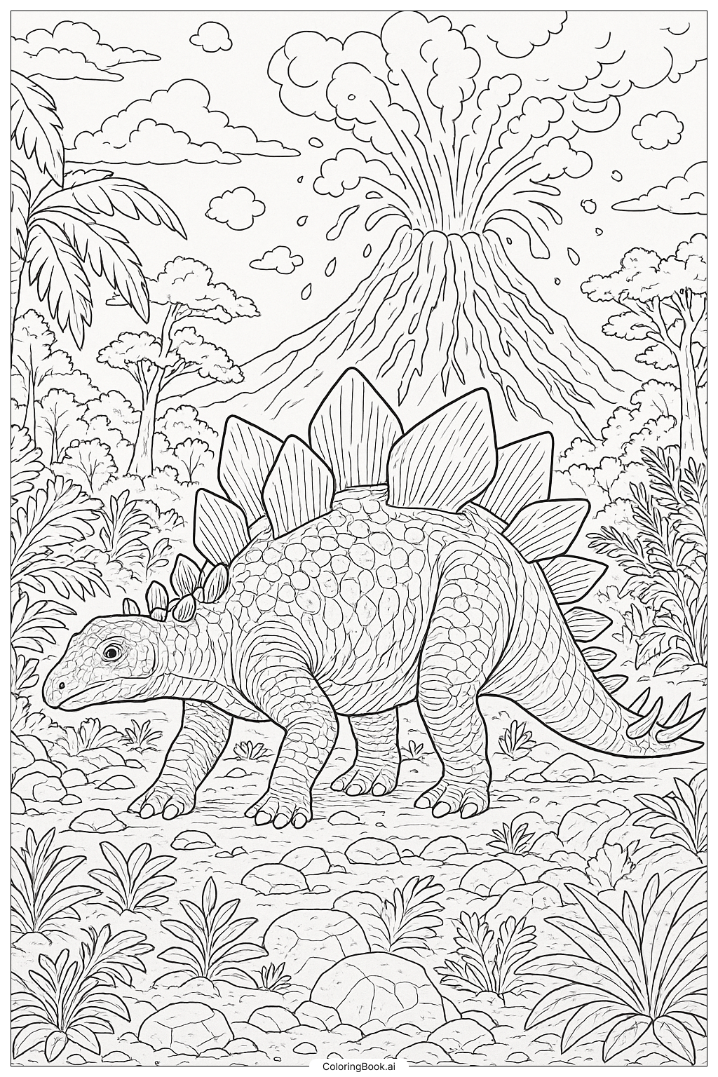 Stegosaurus in der Nähe eines ausbrechenden Vulkans Ausmalseite