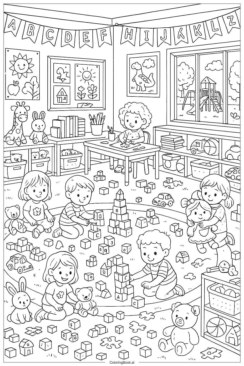  欢迎来到玩具满满的幼儿园教室填色页 