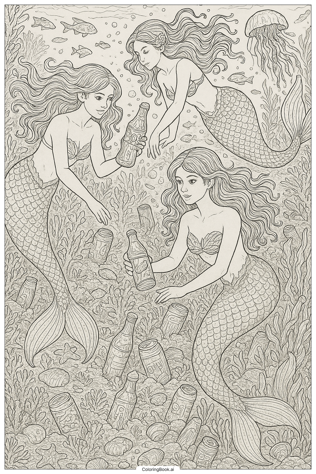 Página para colorear de Sirenas Descubriendo Refrescos Hundidos Bajo el Mar