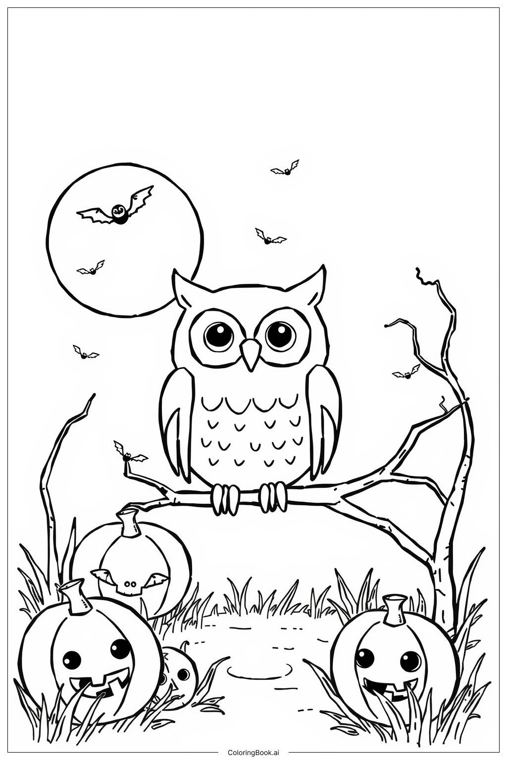  Halloween Owl Scene Coloring Page 