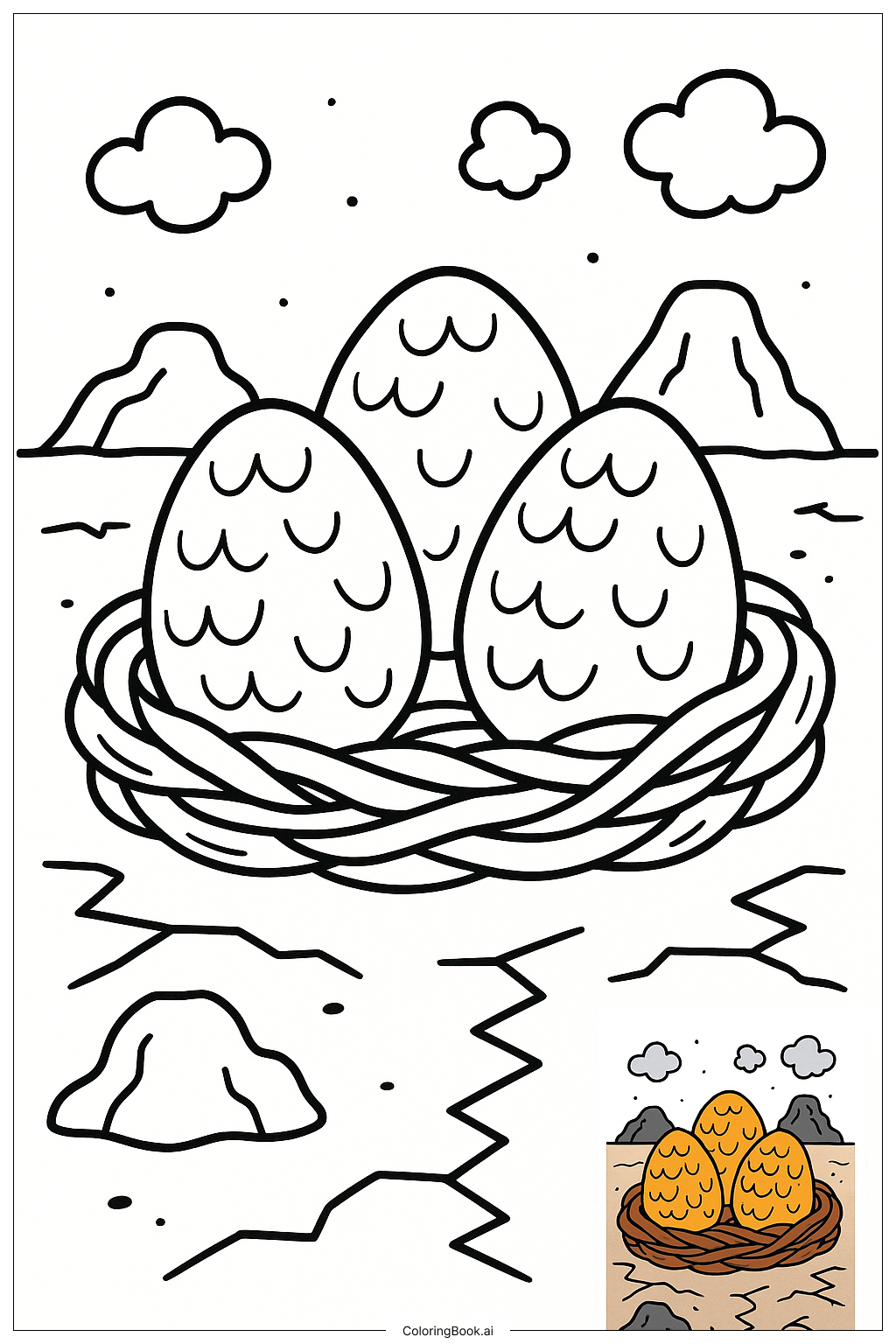  火山灰の中のドラゴンの卵の巣の塗り絵ページ 