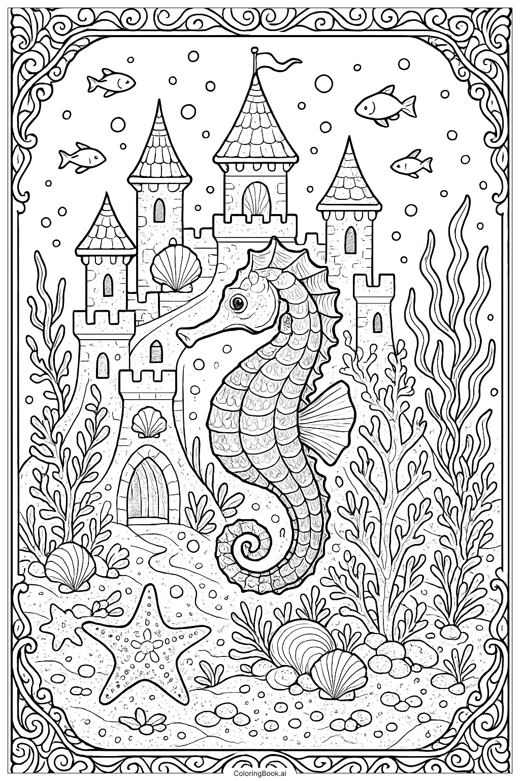 Seahorse In An Underwater Sandcastle Coloring Page