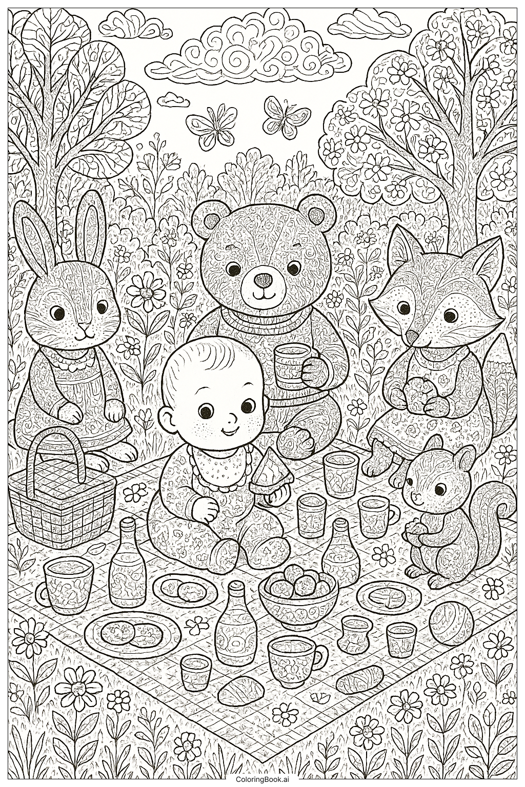  Baby's Picnic With Animal Friends Coloring Page 