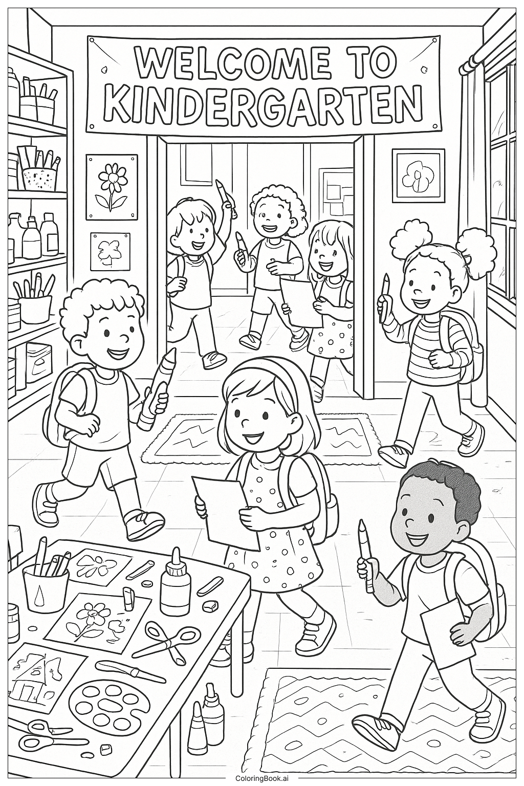  热闹的幼儿园美术中心欢迎场景填色页 