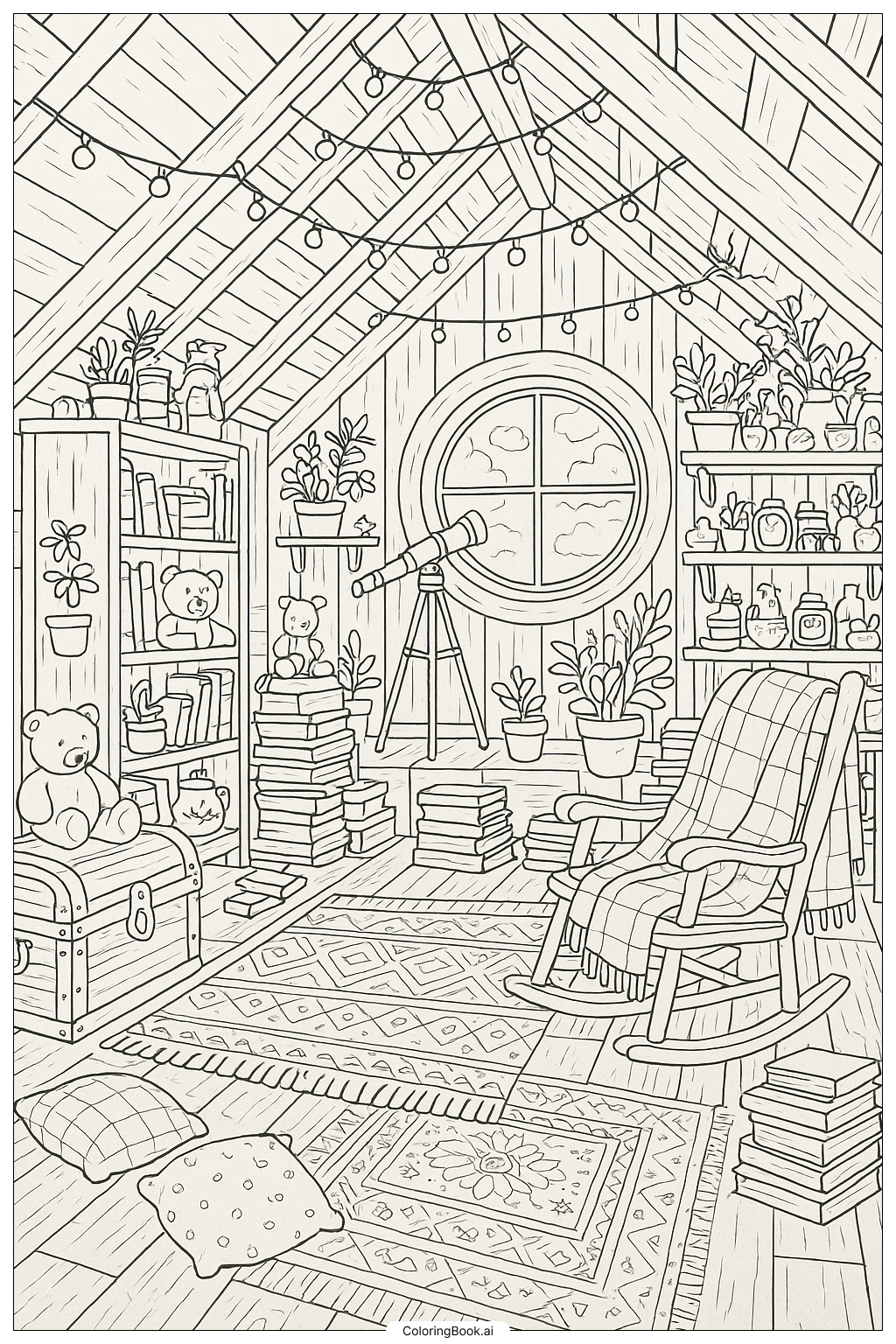  A Cozy Attic Room With Many Treasures Coloring Page 