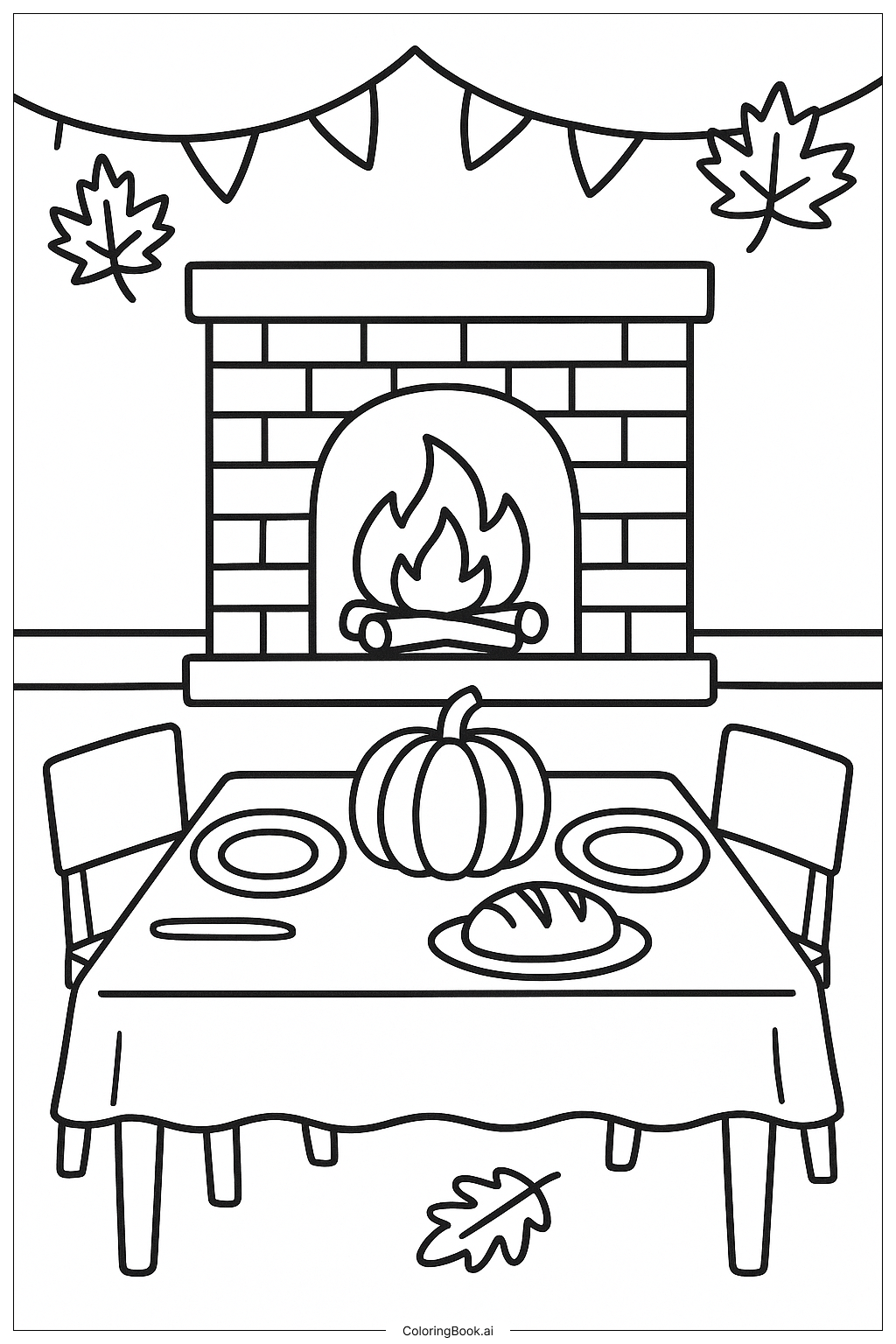  Página para colorear de Acogedora escena de chimenea de Acción de Gracias 