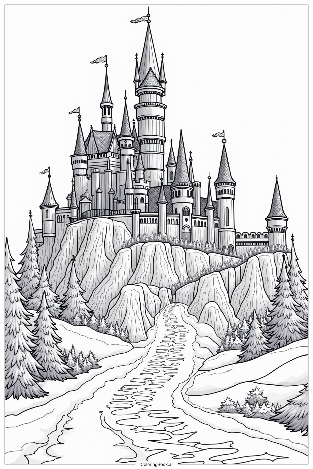  Page de coloriage Château Gelé Lumières d'Aurore 