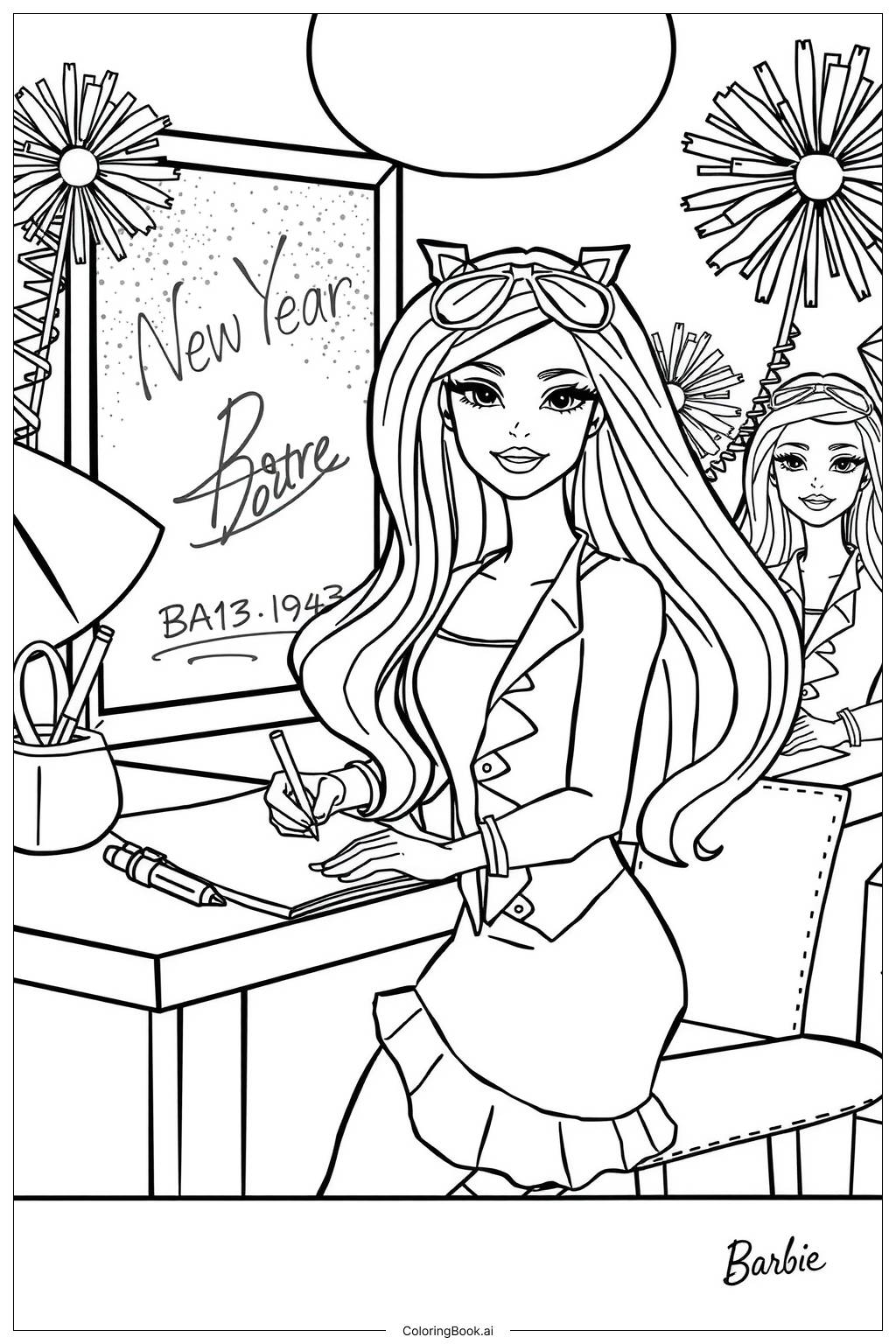  Page de coloriage Barbie fixe des résolutions pour la Nouvelle Année 2025 