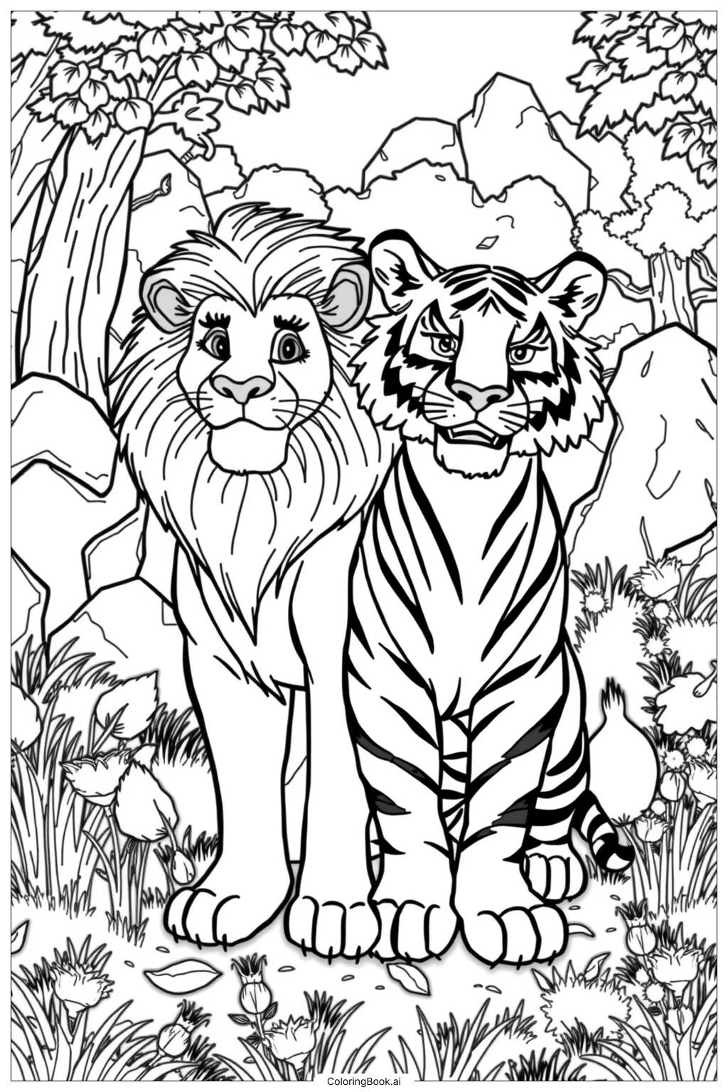  Página para colorir de Leão e Tigre Duo-2 