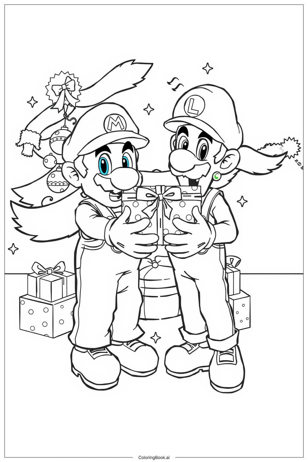  Mario and Luigi Celebrating Christmas-2 Coloring Page 