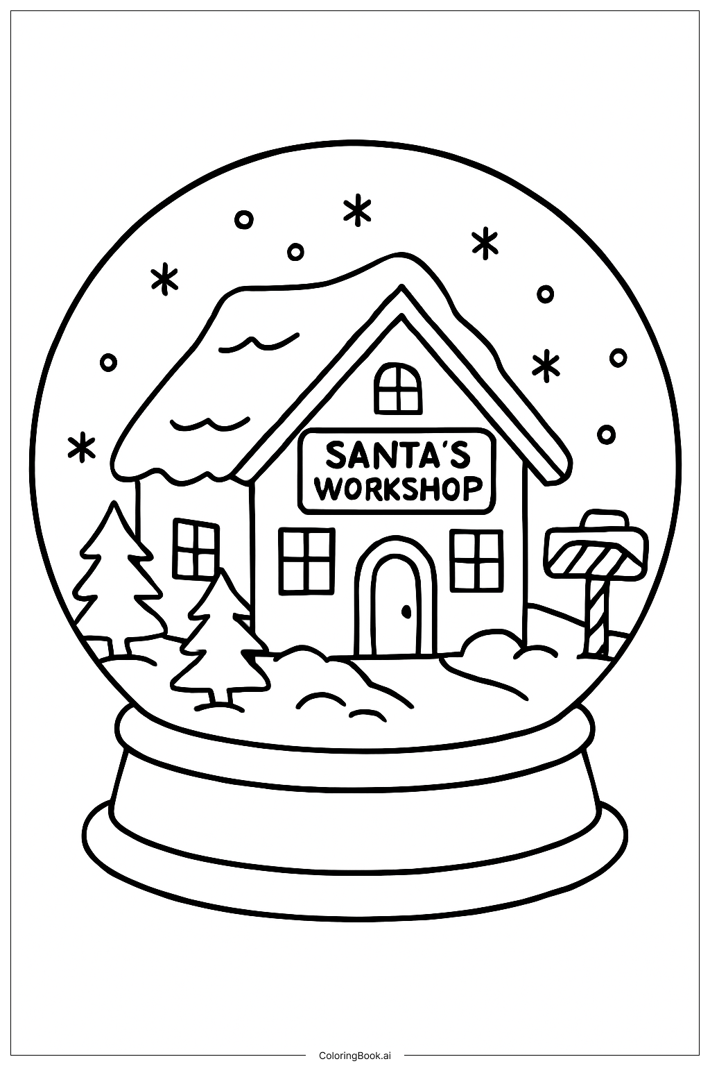 サンタの作業場のスノードームの塗り絵ページ