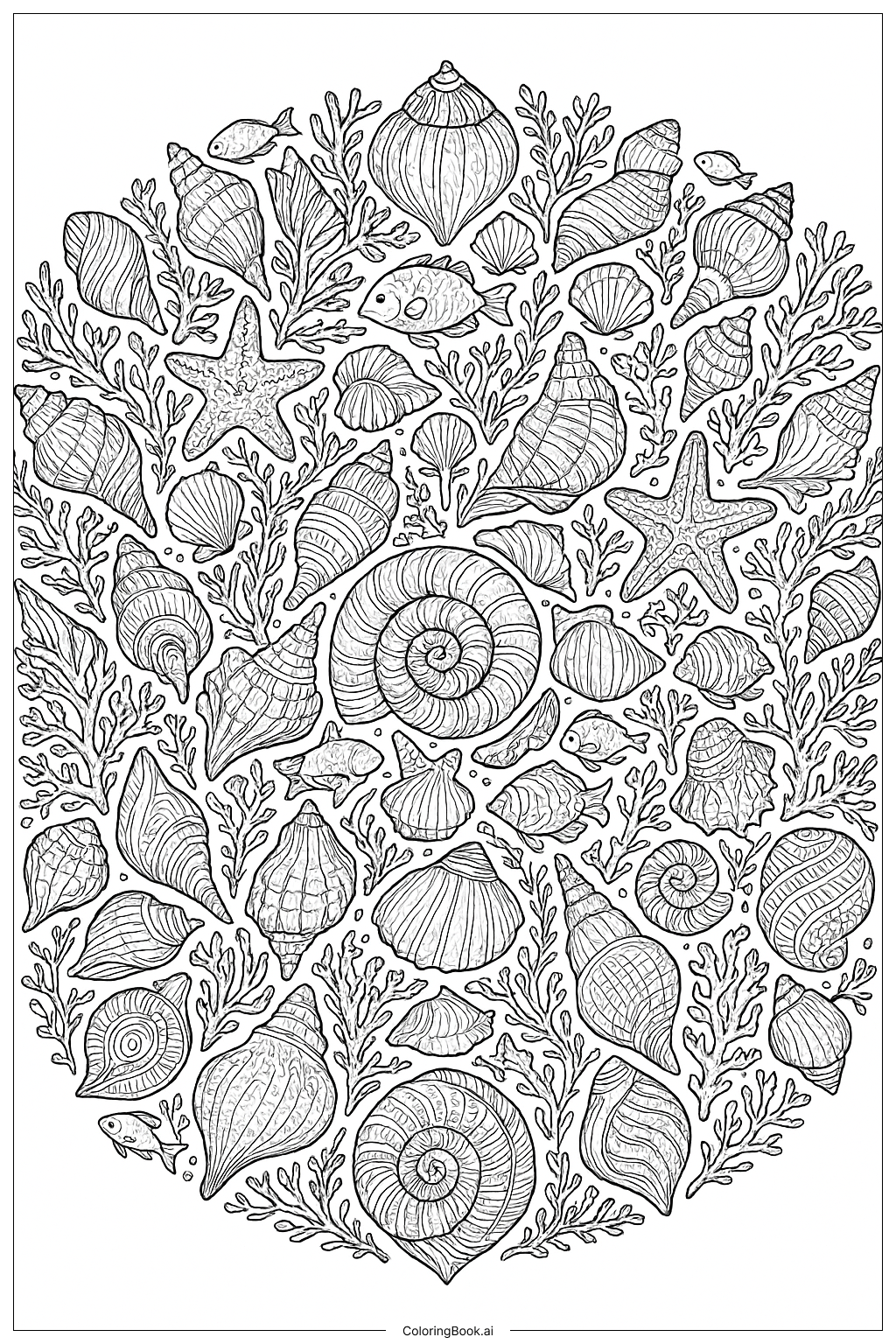  海洋生物和贝壳曼陀罗填色页 