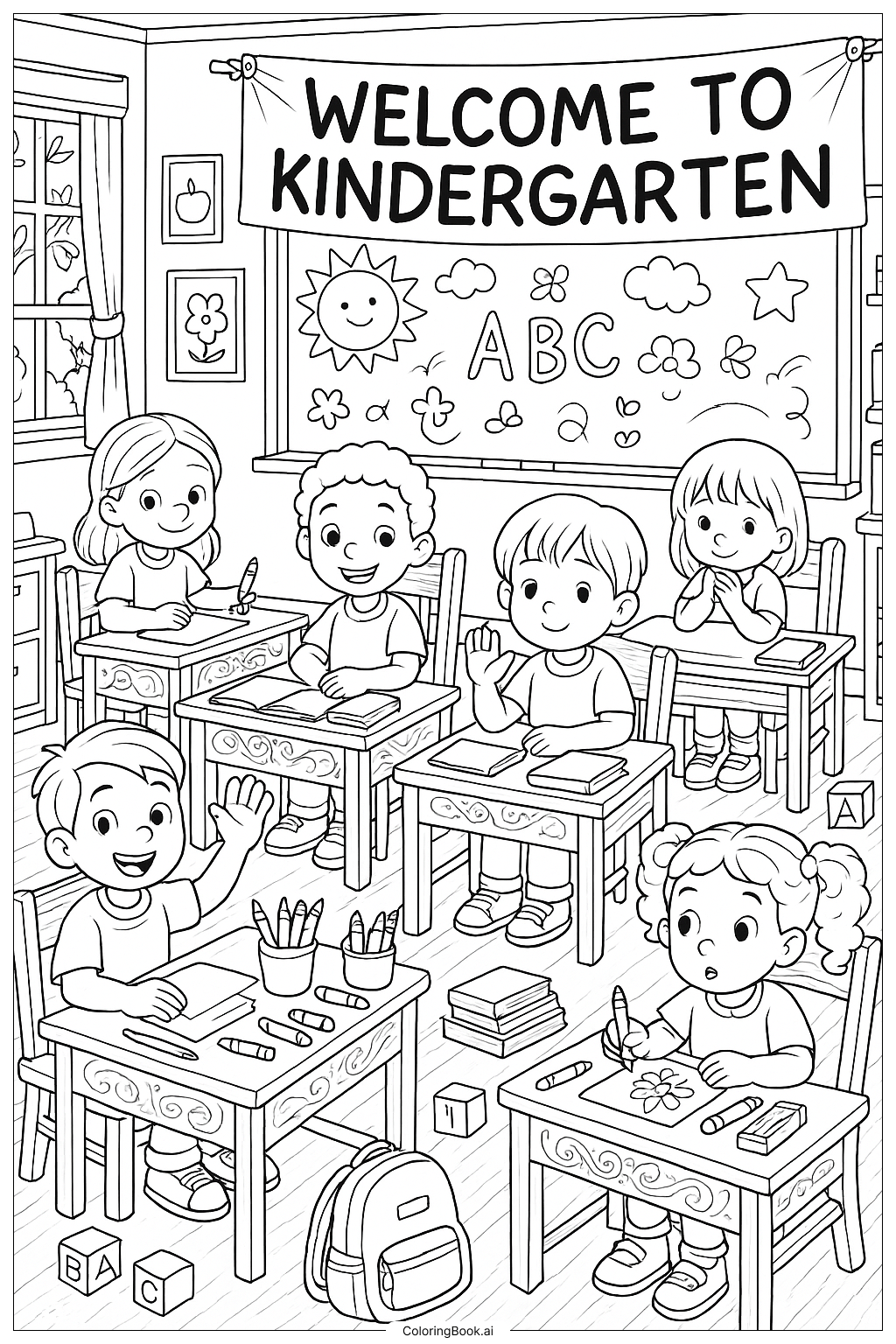 坐在桌前的孩子们 欢迎来到幼儿园