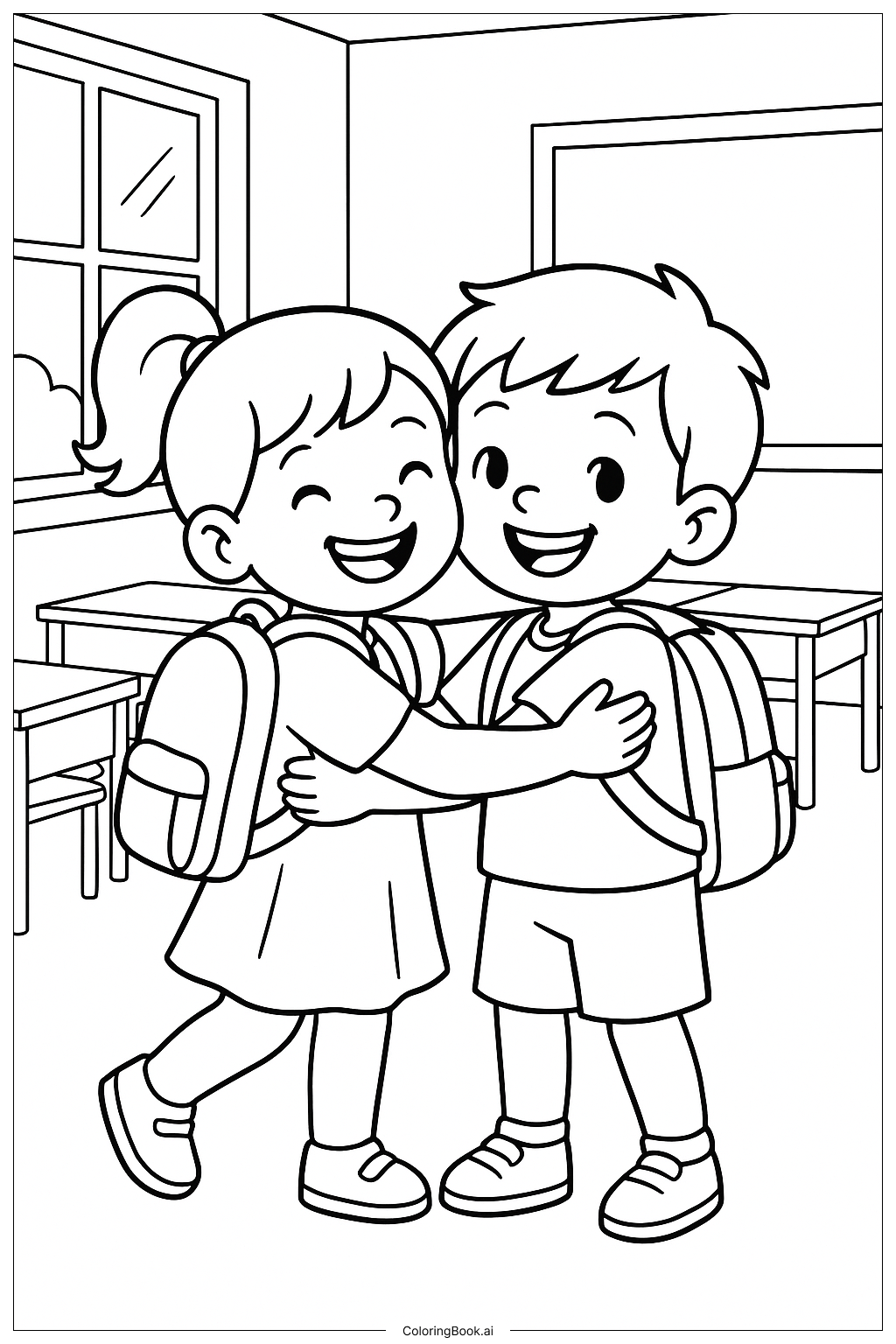  Page de coloriage S'étreindre le premier jour d'école 