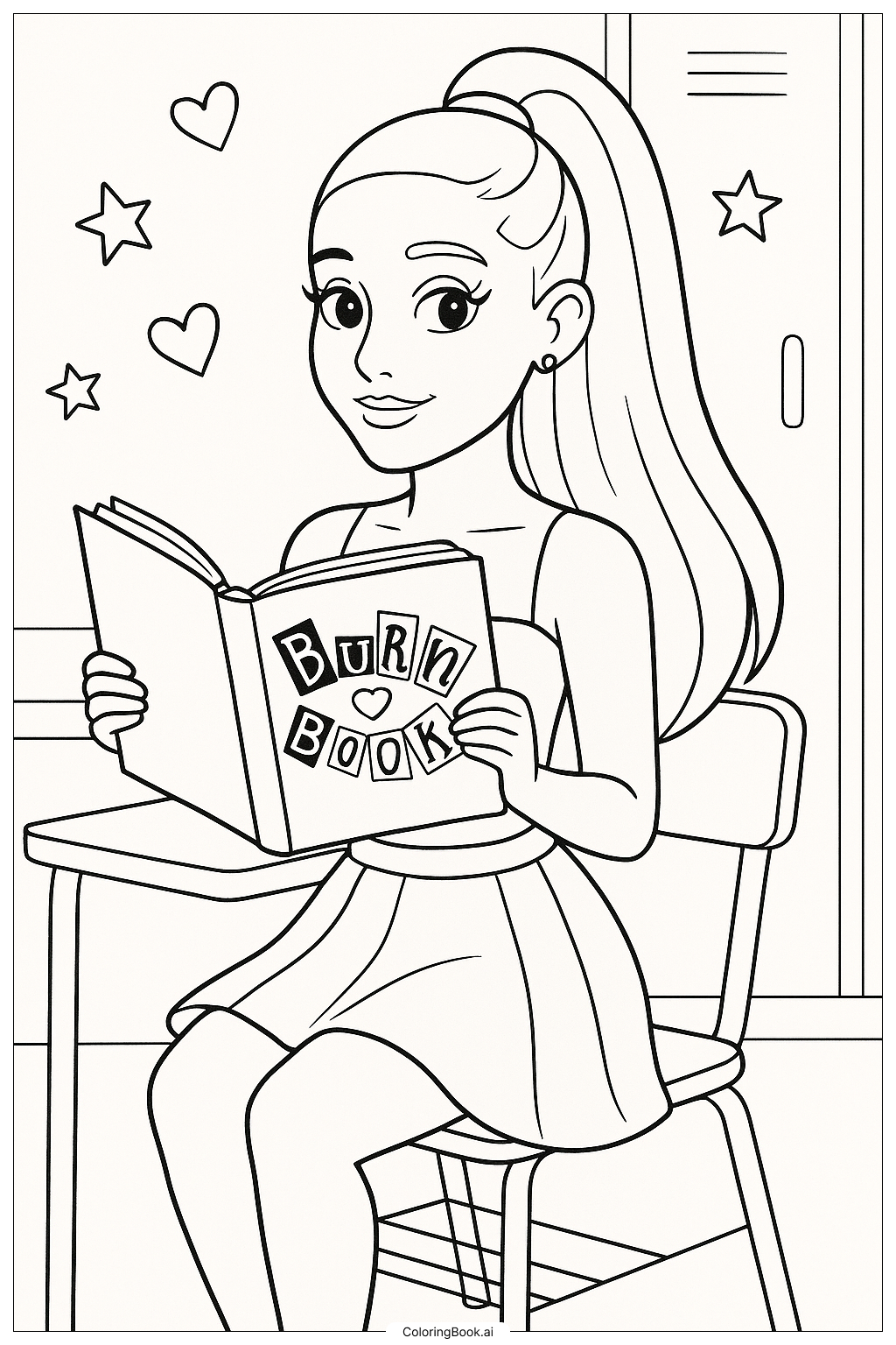  Página para colorear de Ariana Grande en la escena del Libro de Arrojos de Thank U Next 
