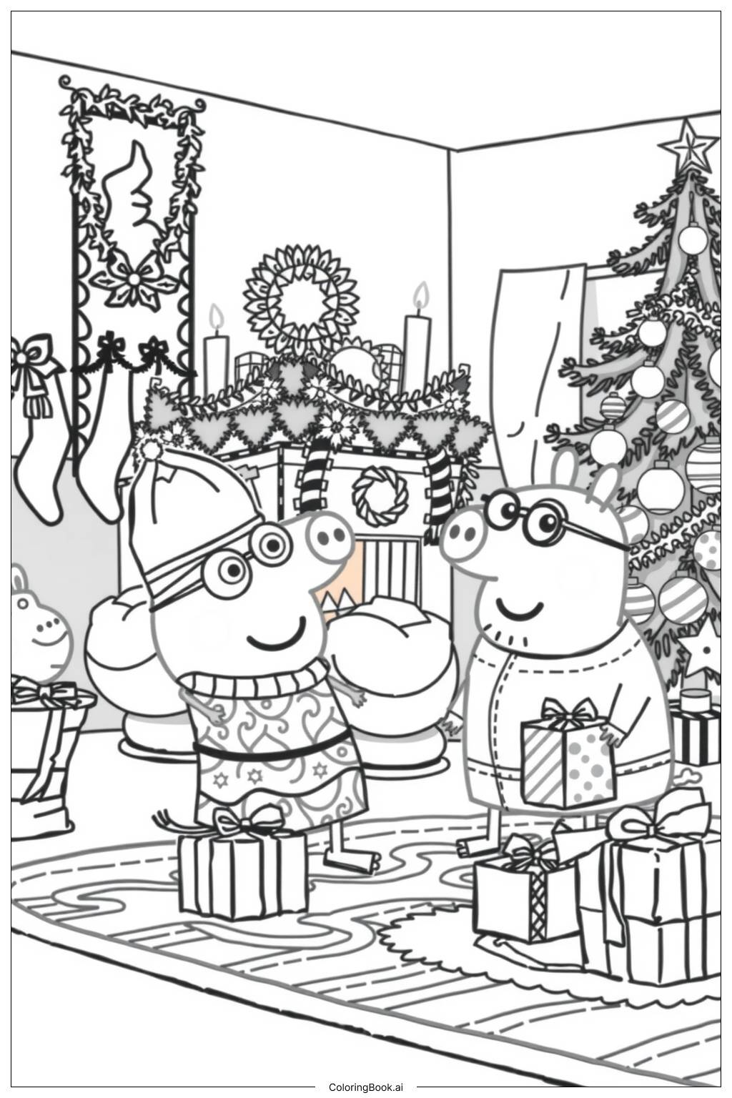  Página para colorear de la familia de peppa pig celebrando la navidad alrededor de la chimenea 