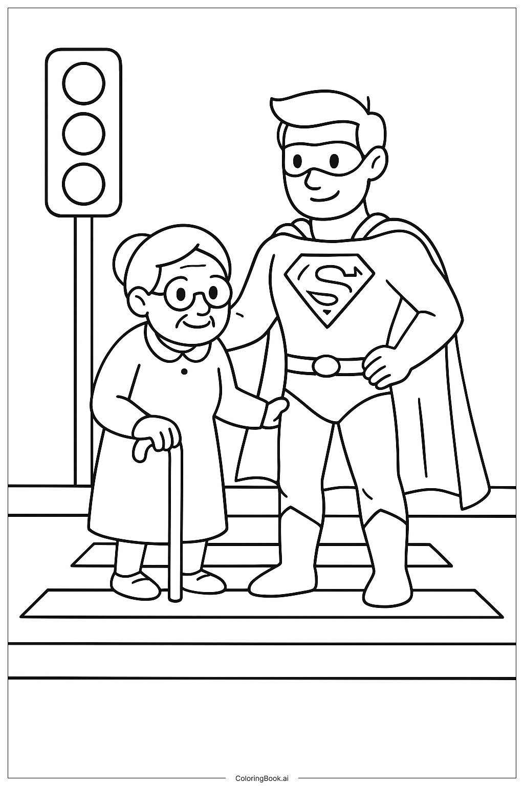 Superheld hilft einer älteren Dame, die Straße zu überqueren Ausmalseite