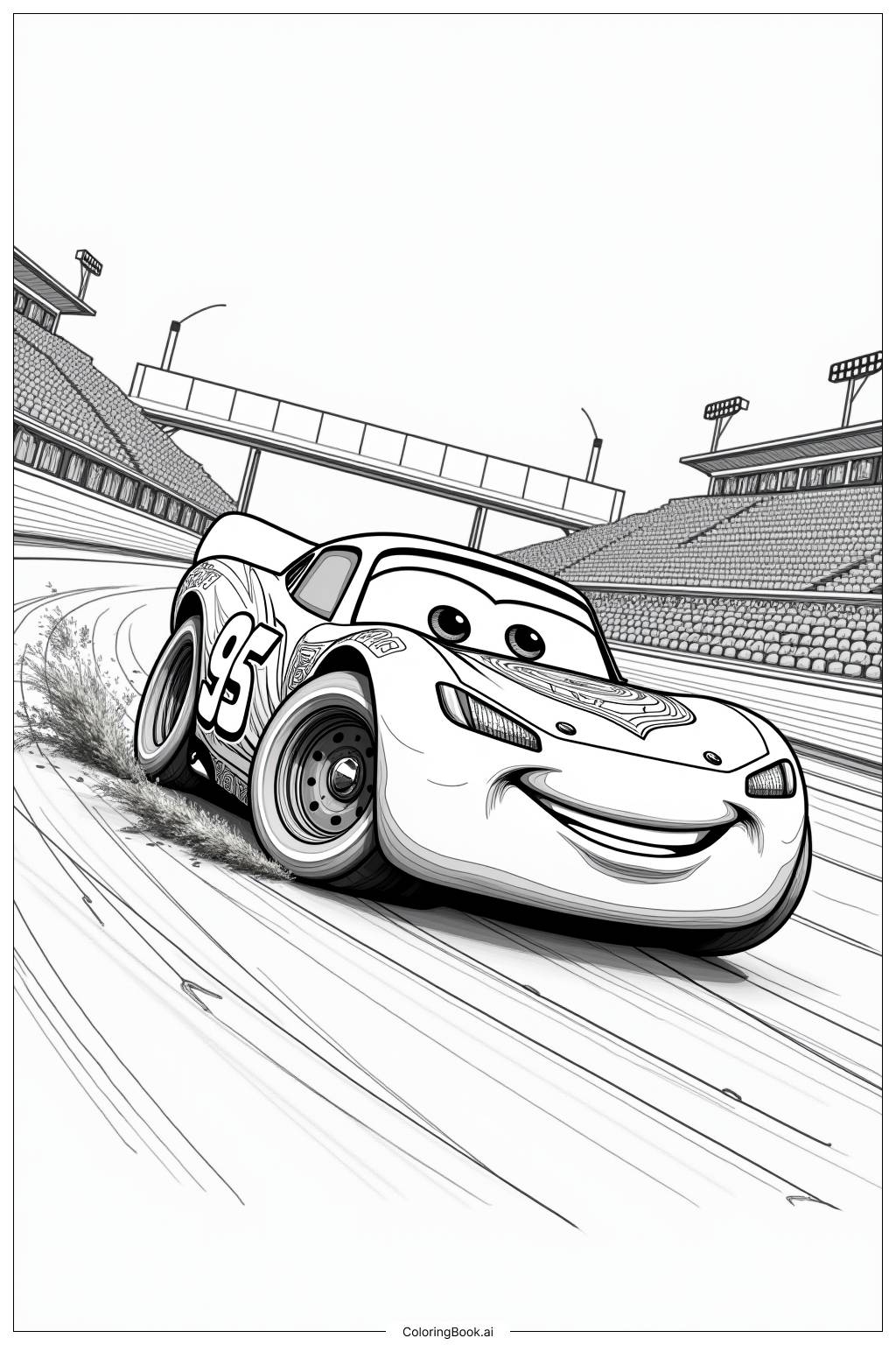  Página para colorear de Rayo McQueen en una persecución a alta velocidad 