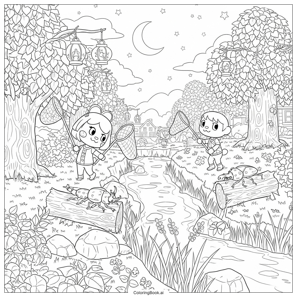  Animal Crossing Charaktere in einer Sommernacht Ausmalseite 