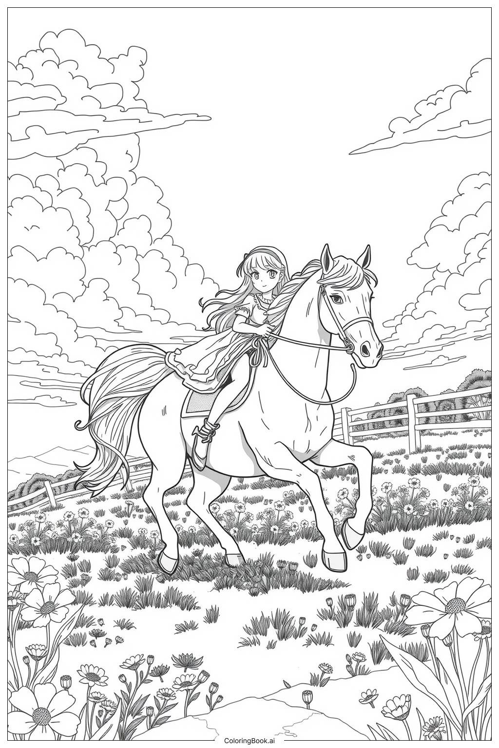  Page de coloriage Fille chevauchant un cheval dans un champ 