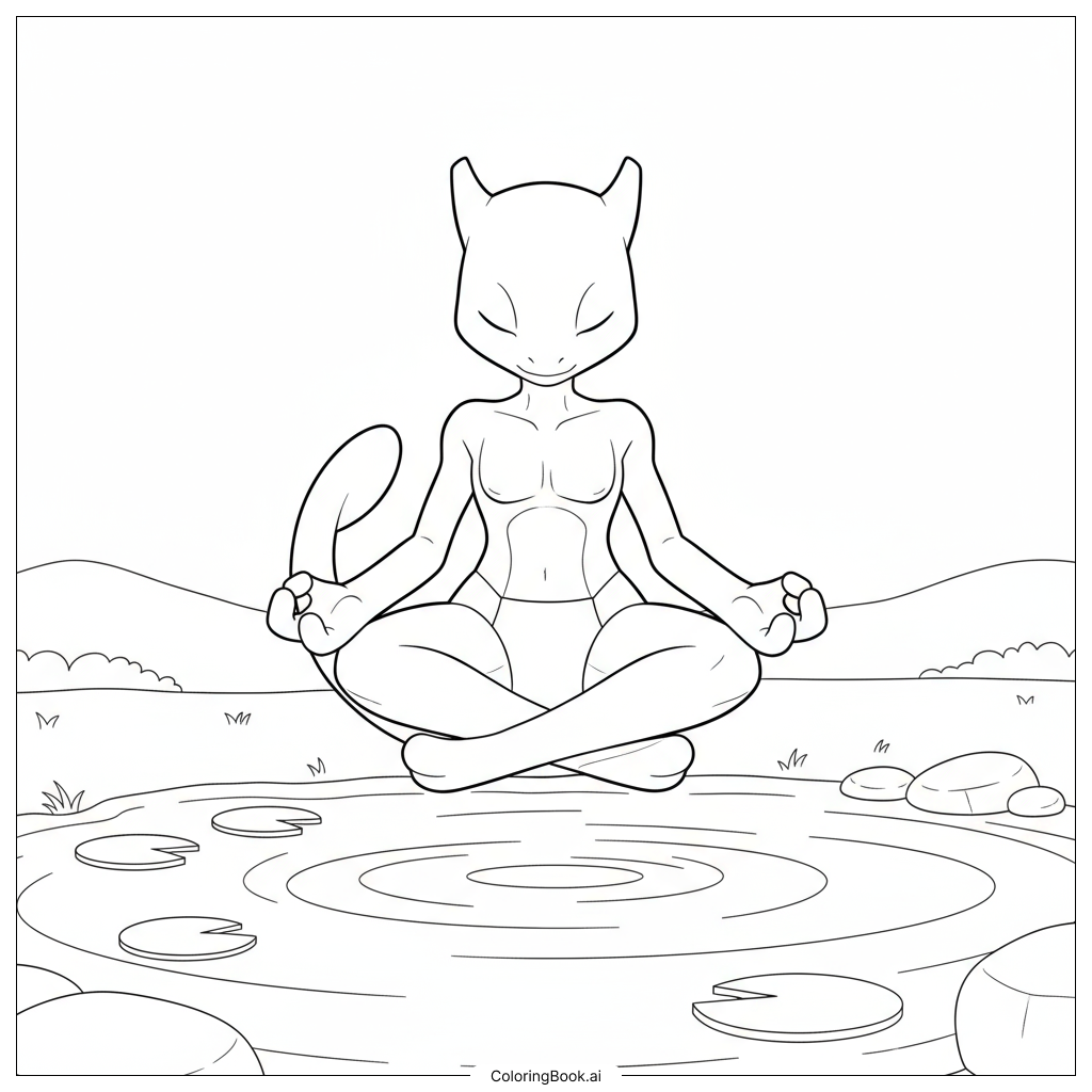  Page de coloriage Mewtwo Méditant Paisiblement Sur Un Étang Calme 