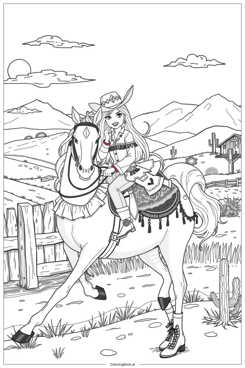  Page de coloriage barbie cowgirl montant un cheval 