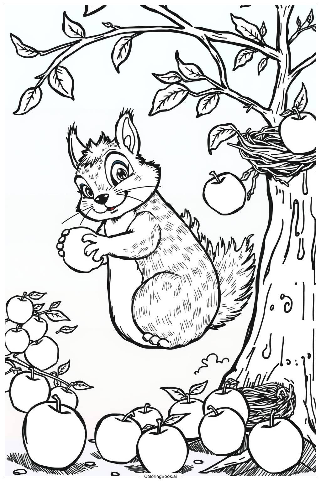  Squirrel Gathering Apples from the Tree-2 Coloring Page 