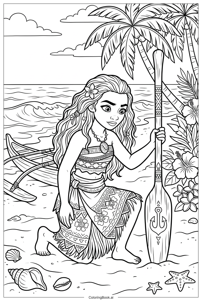  Moana Kneels Holding Oar On Shore Coloring Page 