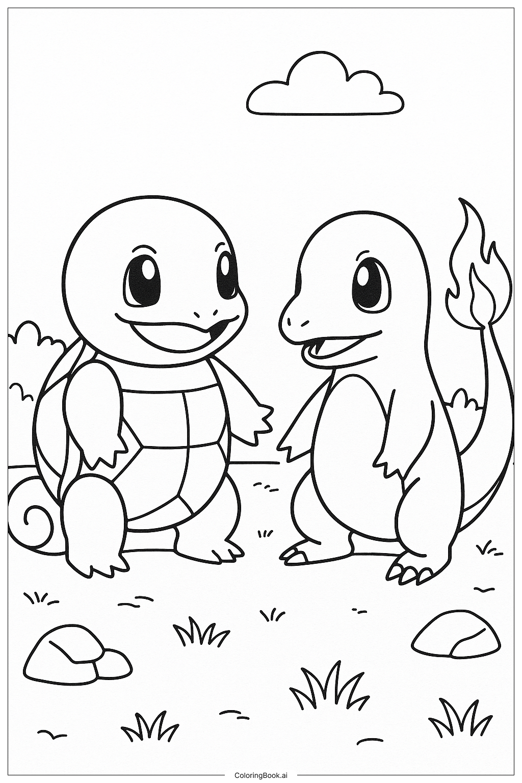  Página para colorear de Squirtle conoce a un Charmander curioso 