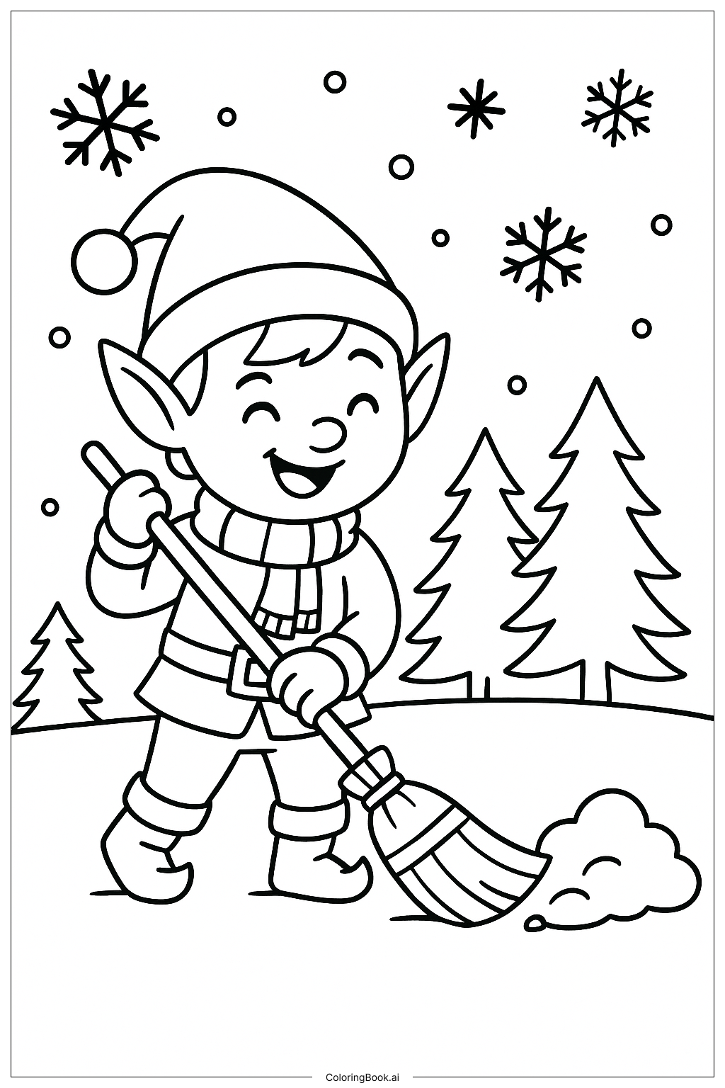  Christmas Elf Sweeping Snow填色页 
