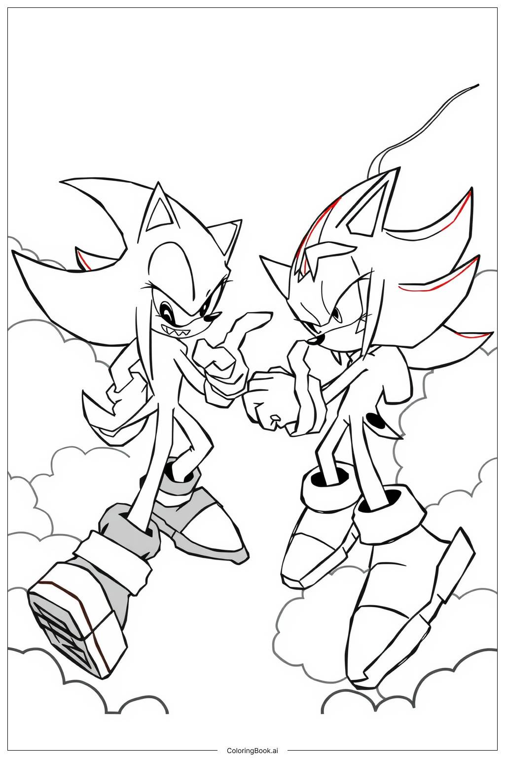  Página para colorir de fleetway super sonic lutando sombra no céu 