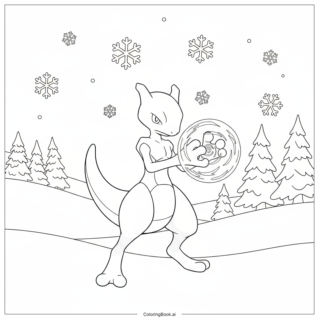 超梦在雪地中释放能量爆炸填色页