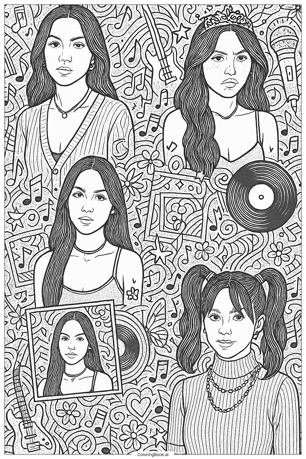  A Collage Of Olivia Rodrigo Album Eras Coloring Page 