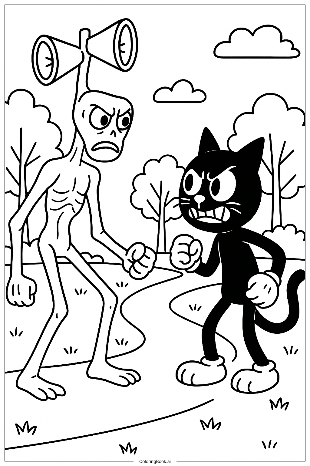  Page de coloriage Siren Head contre Cartoon Cat Regard de défi 