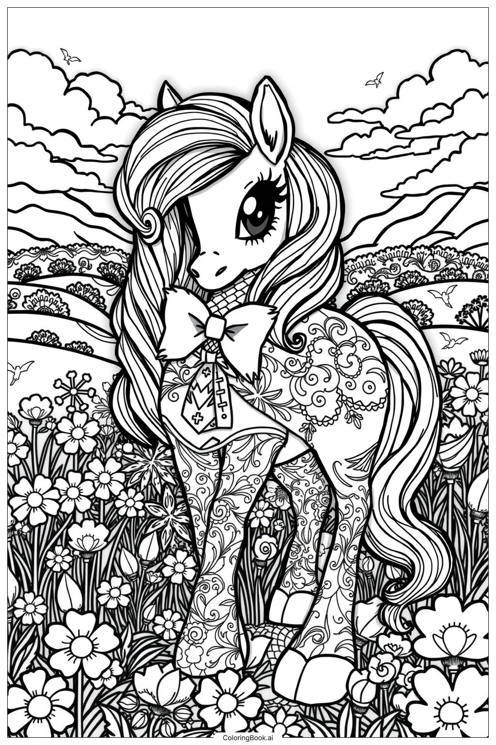  Page de coloriage Poney Mignon avec un Nœud 