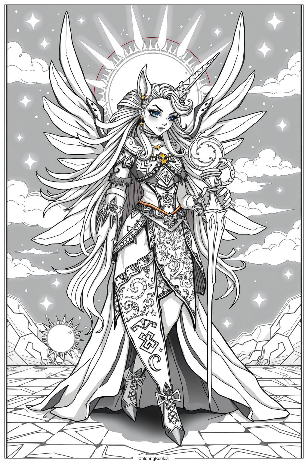  unicorn girl with wings and a magical staff Coloring Page 