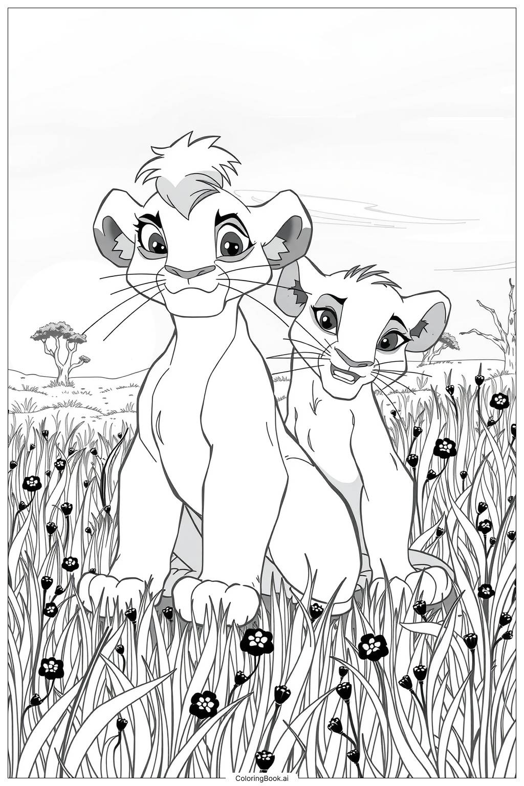  lion king nala and simba walking through the savanna Coloring Page 