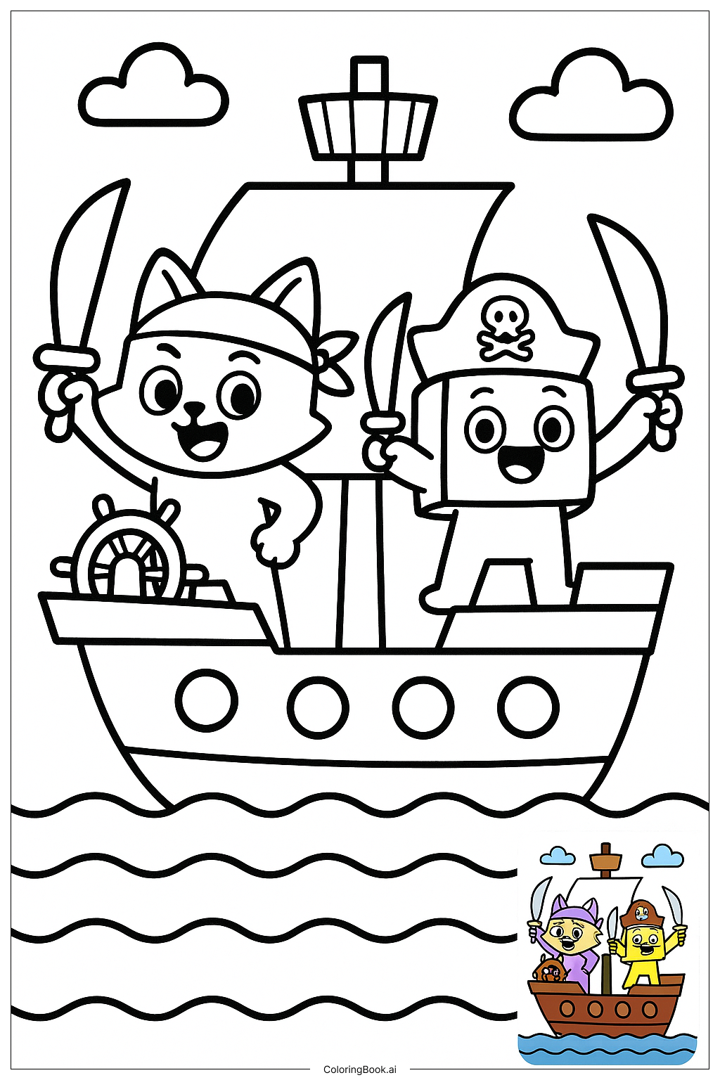  Lankybox Characters in Pirate Ship Battle Coloring Page 