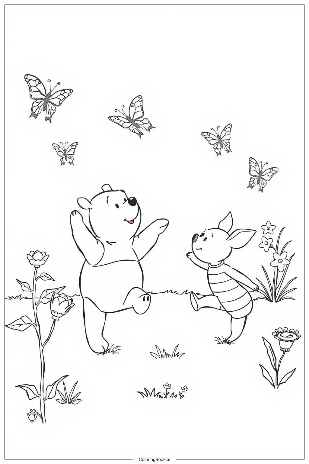  Página para colorear de winnie the pooh persecución de mariposas 