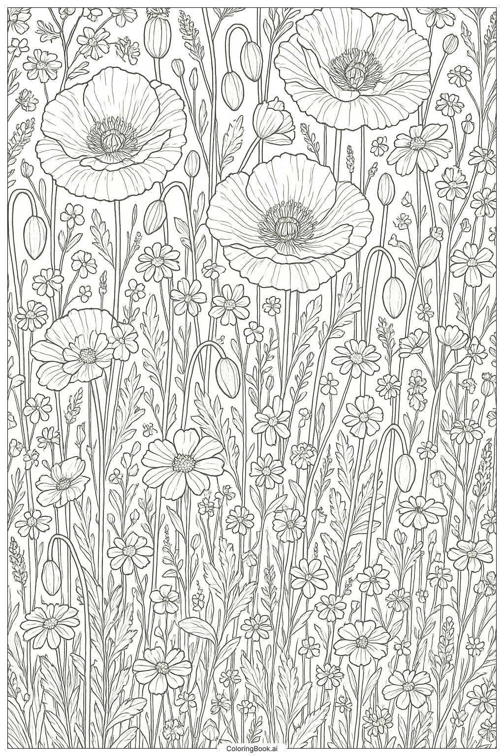  Trang tô màu Đồng Cỏ Chi Tiết Với Hoa Anh Túc Và Các Loài Hoa Dại 