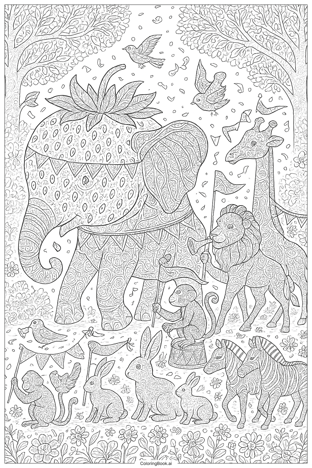  草莓大象带领动物游行填色页 