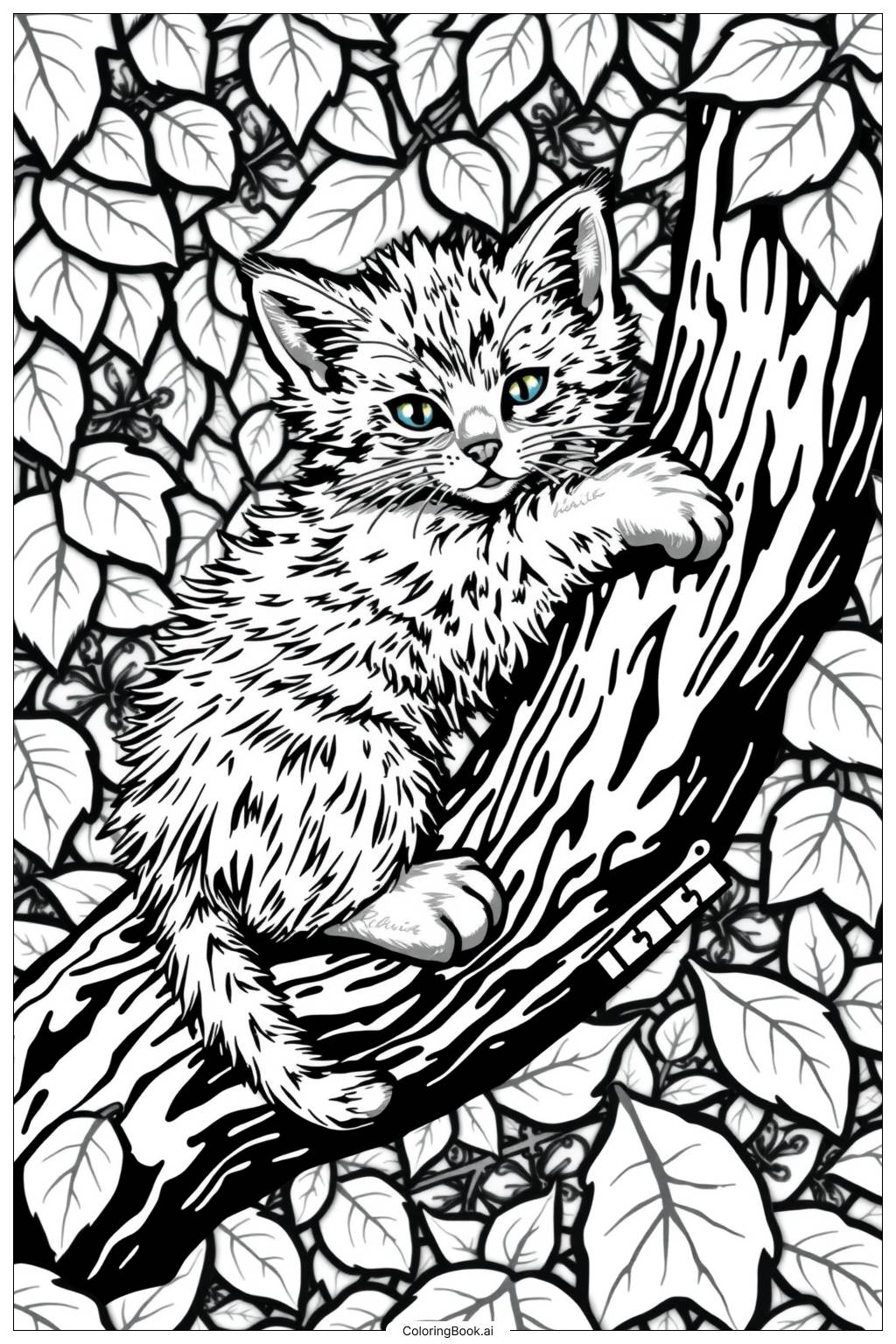  Page de coloriage Un chaton grimpant à une branche d'arbre-2 