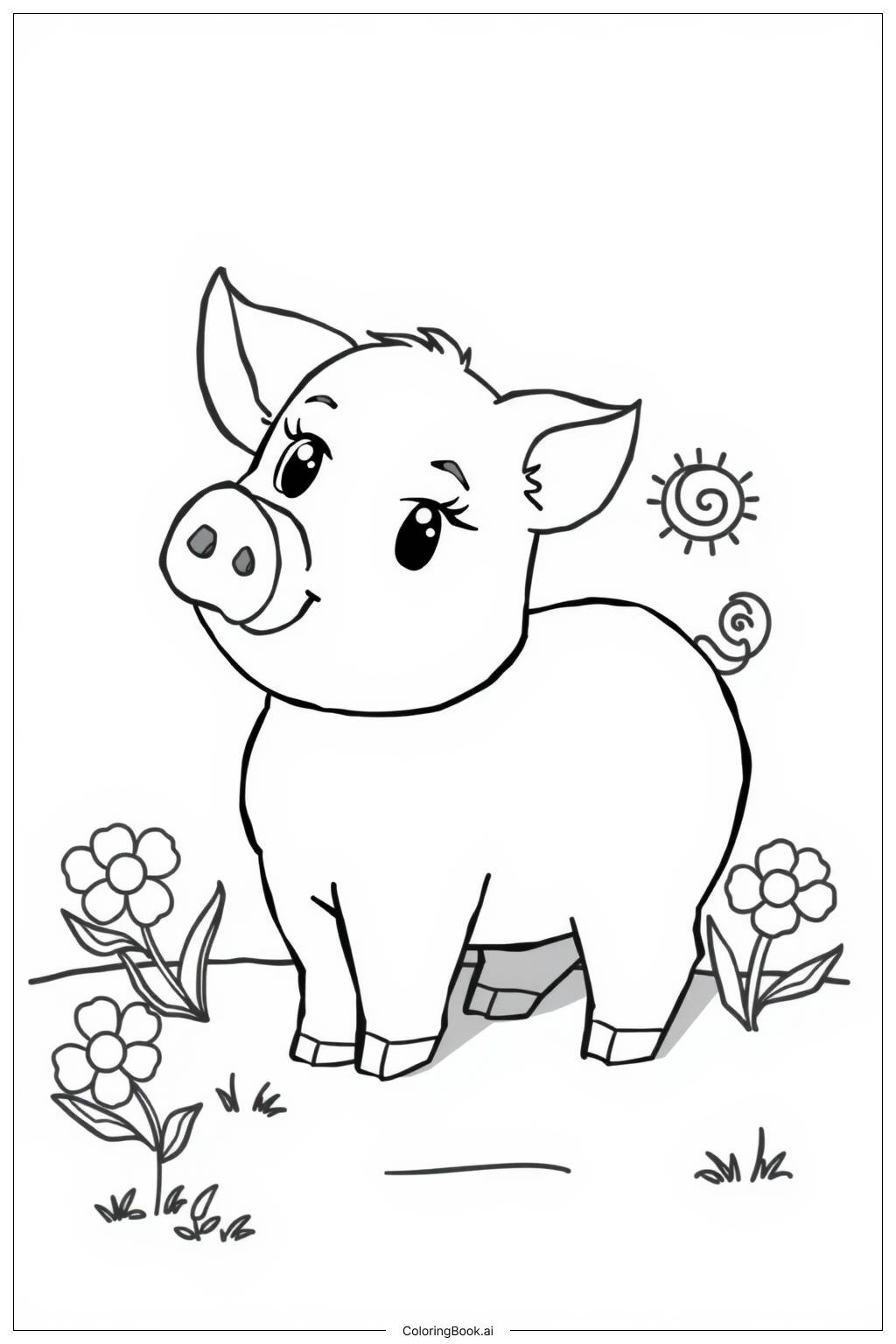  Page de coloriage Mignon petit cochon dans un jardin fleuri 