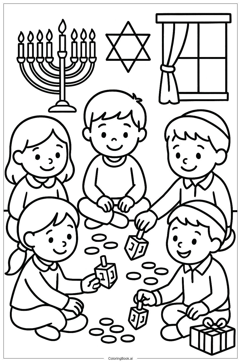  Hanukkah Children Playing Dreidel Coloring Page 