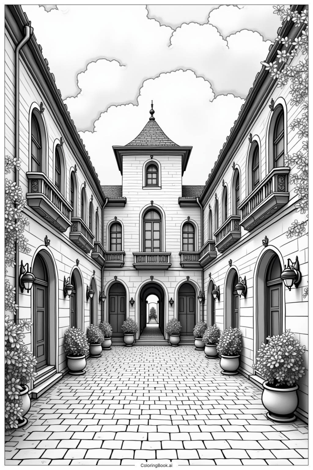  Page de coloriage Courtyard de Château Détail pour Adultes 